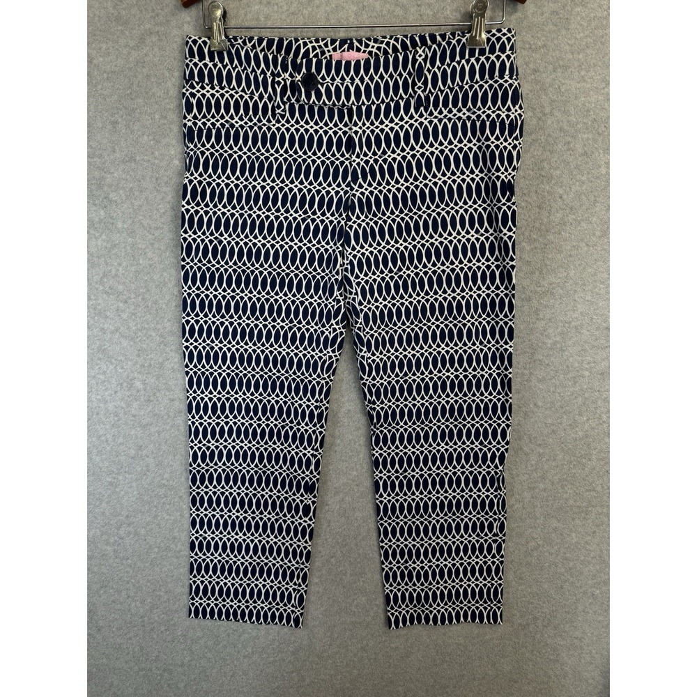 Lilly Pulitzer Blue Geo Print Ankle Pants‎ Sz 8 Cotton Blend Stretch Mid Rise